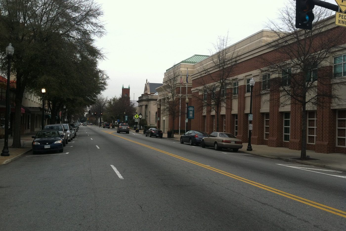 Historic brick storefronts in downtown Suffolk