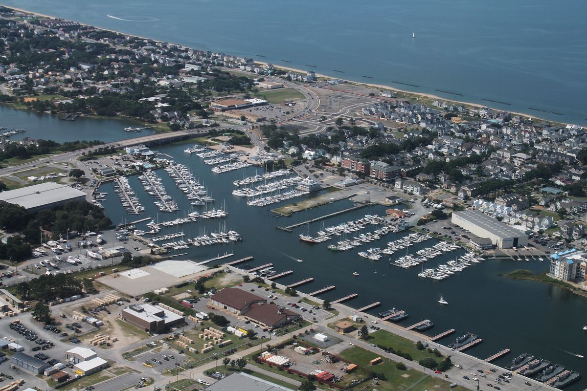 Aerial view of a marina in Hampton Roads